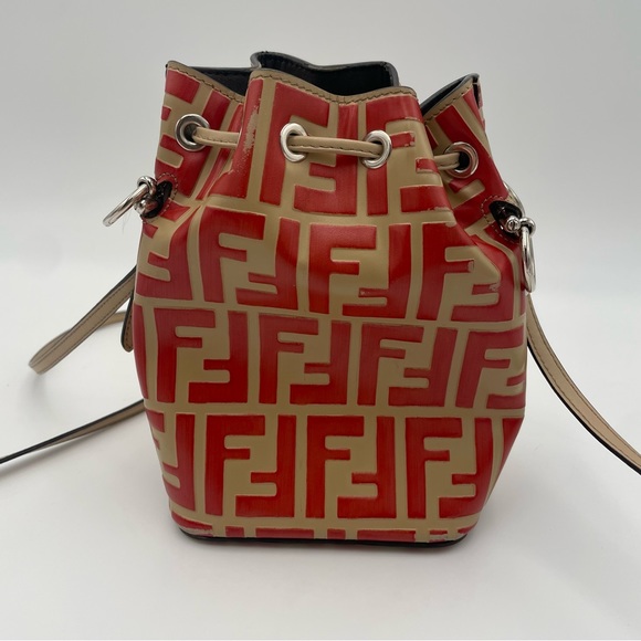 (SOLD) Fendi Monogram Embossed Beige/Red Leather Tresor Drawstring Bucket Bag - Picture 4 of 17